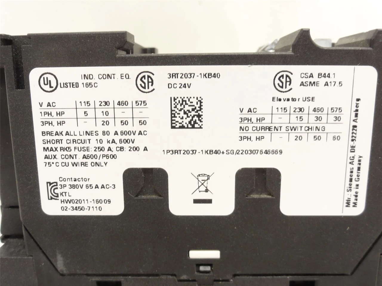 Siemens 3RT2037-1KB40; Contactor; 65A; 3P; 690VAC; Coil: 24VDC