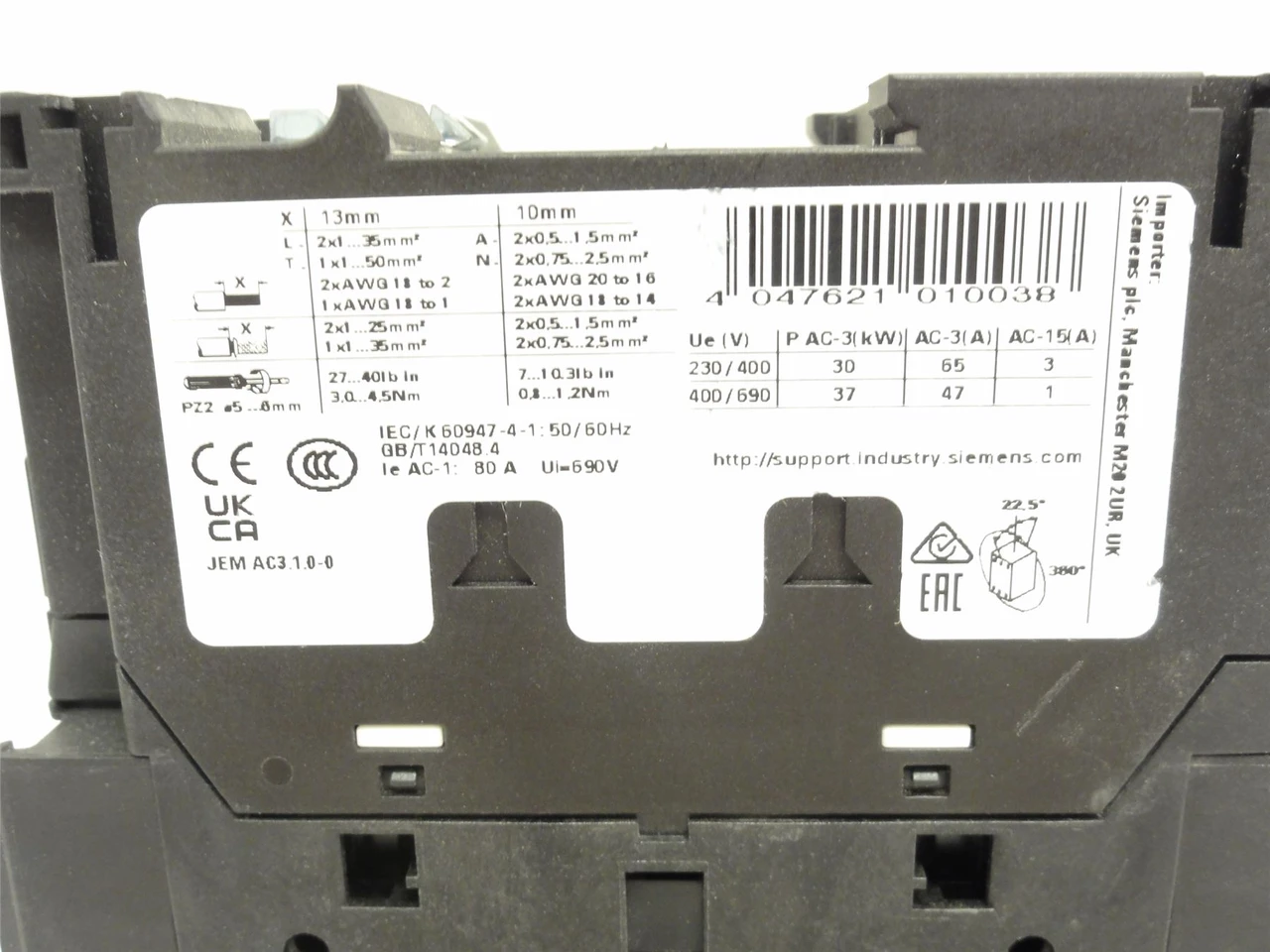 Siemens 3RT2037-1KB40; Contactor; 65A; 3P; 690VAC; Coil: 24VDC