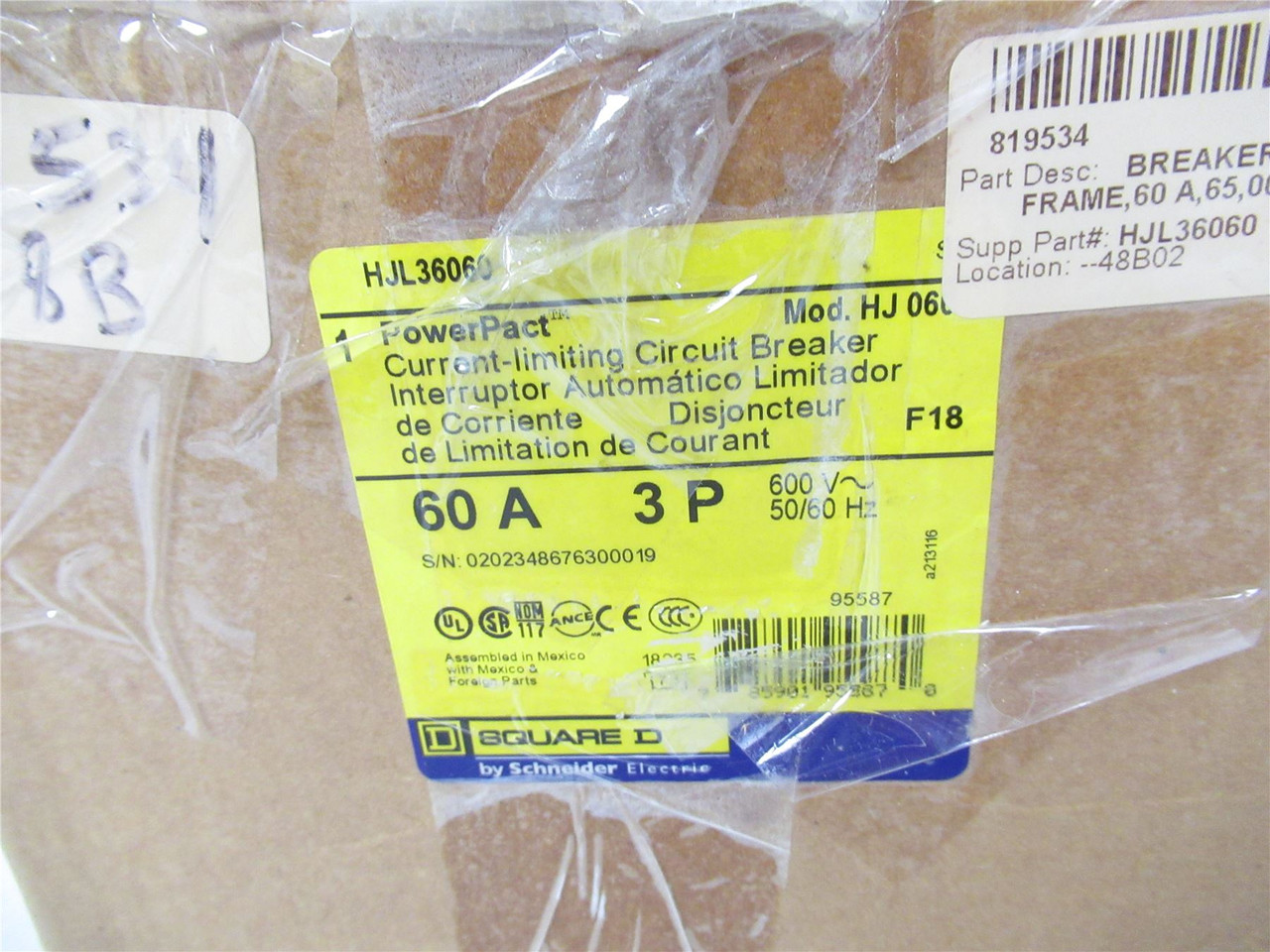 Schneider HJL36060; Circuit Breaker 60A 3-P 600VAC