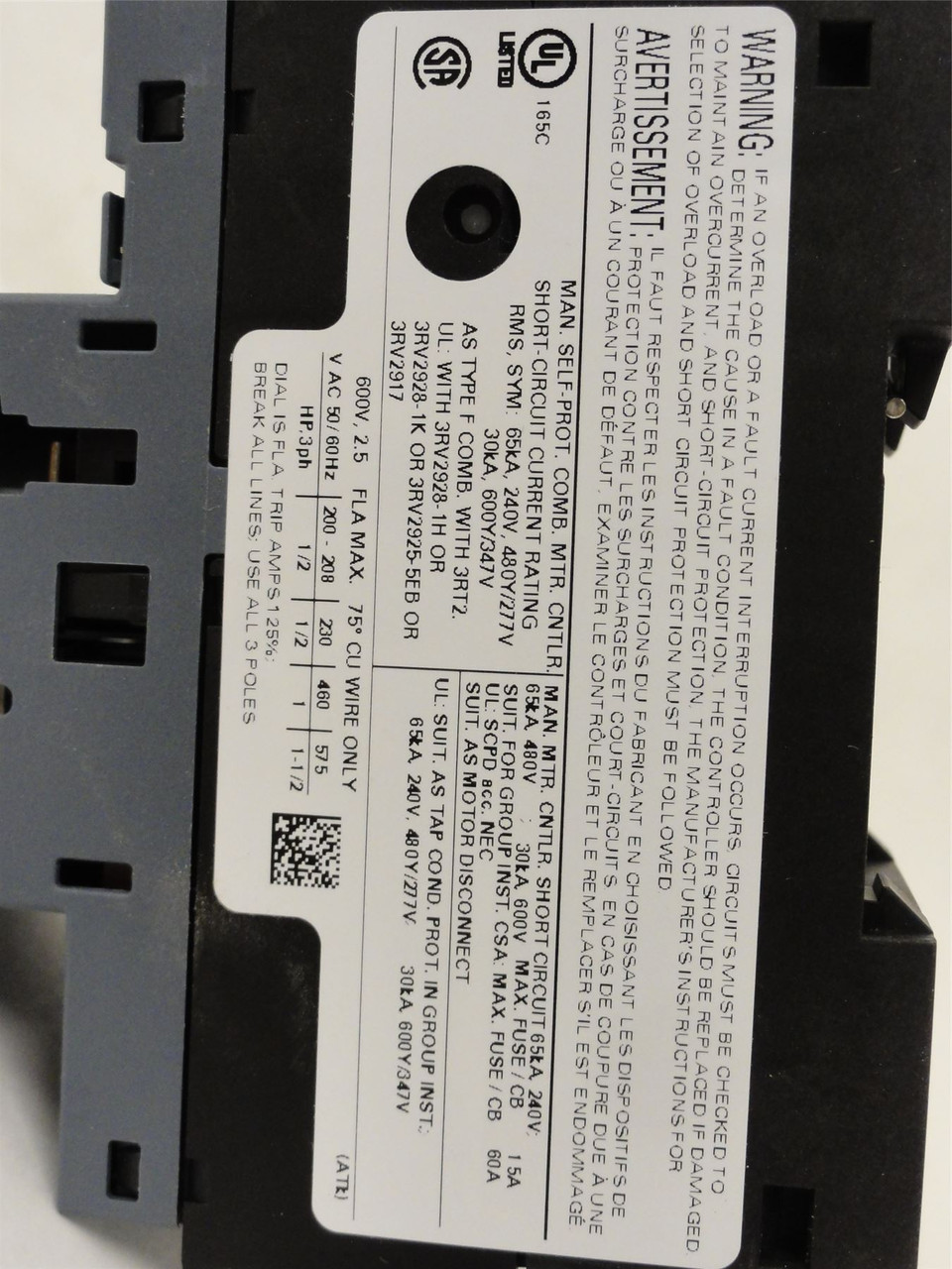 Siemens 3RV2021-1CA10; Manual Starter; 1.8-2.5A; 3Pole