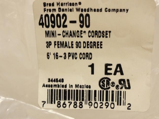 Woodhead 40902-90; Cordset; Mini-Change; 3P; 6' Long; 90Deg