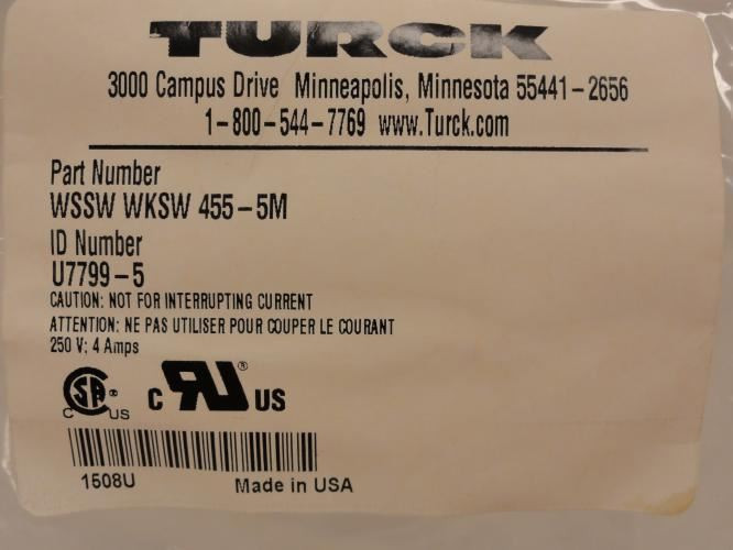 TURCK U7799-5; Eurofast Network Cable; 5m Long; Male/Female