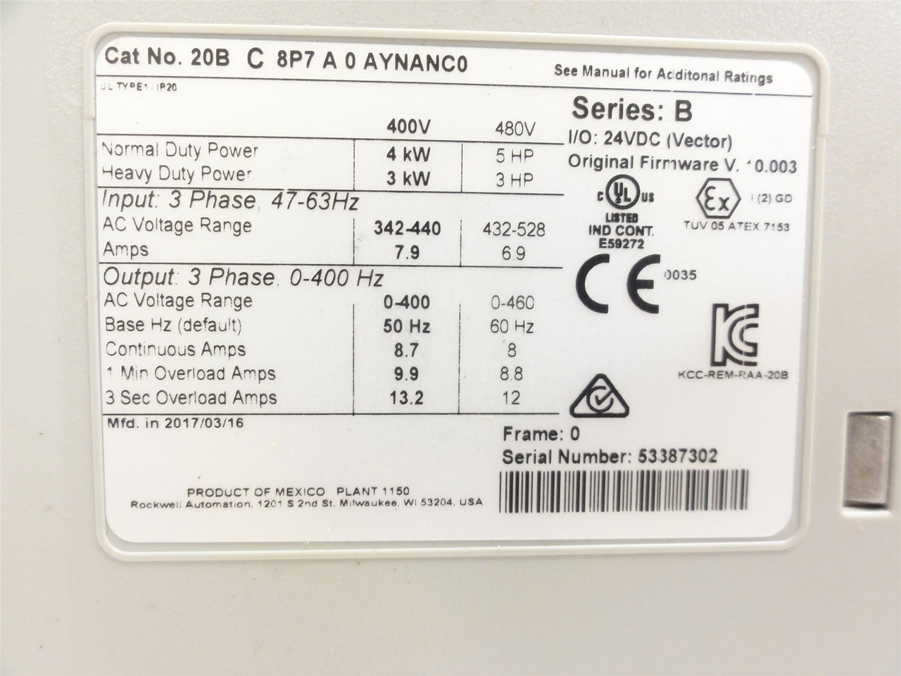 Allen-Bradley 20BC8P7A0AYNANCO; AC Drive 5HP 400-480VAC 3-ph