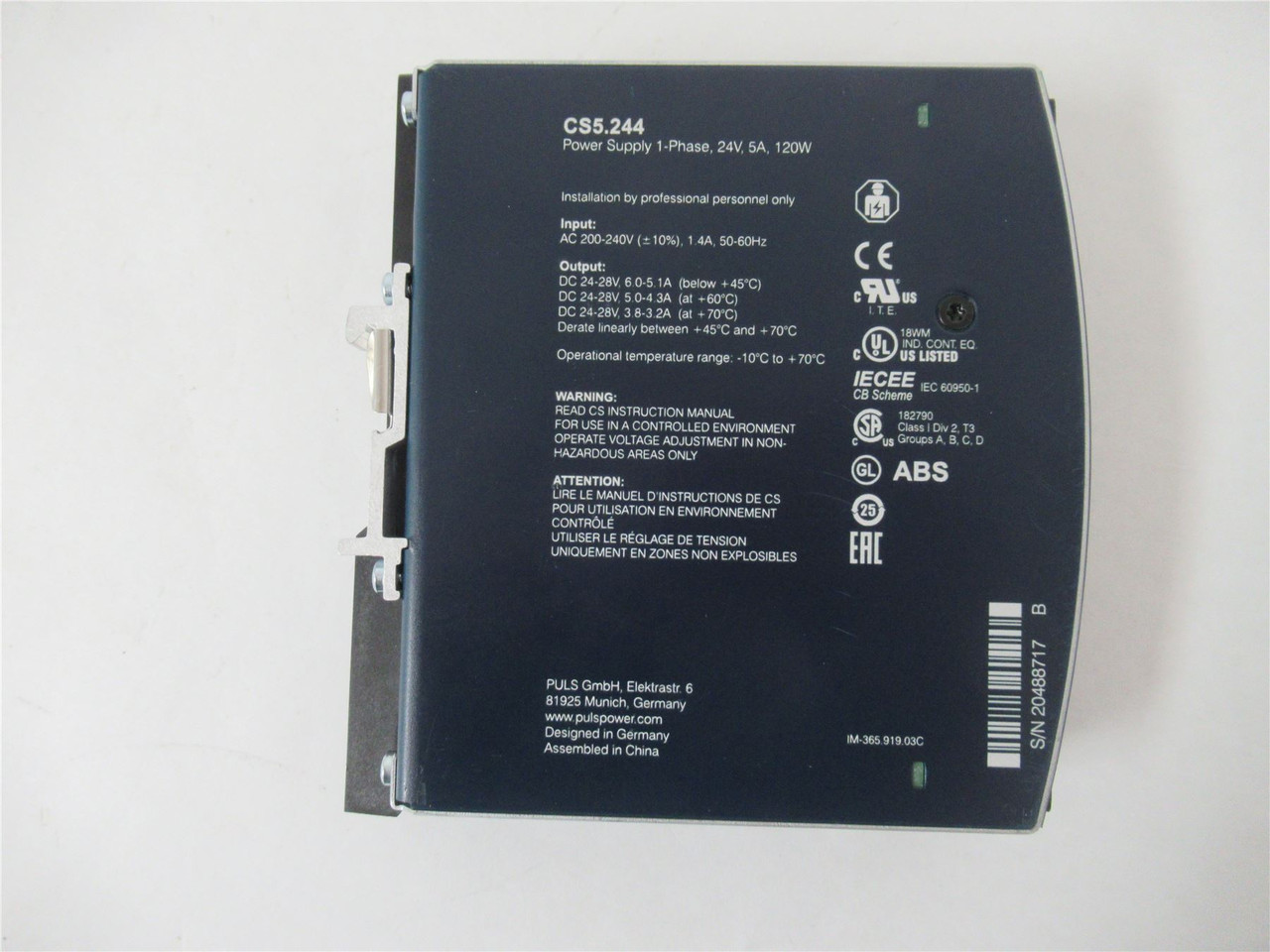 PULS CS5.244; Power Supply Output 24VDC Input 240VAC 1-Phase