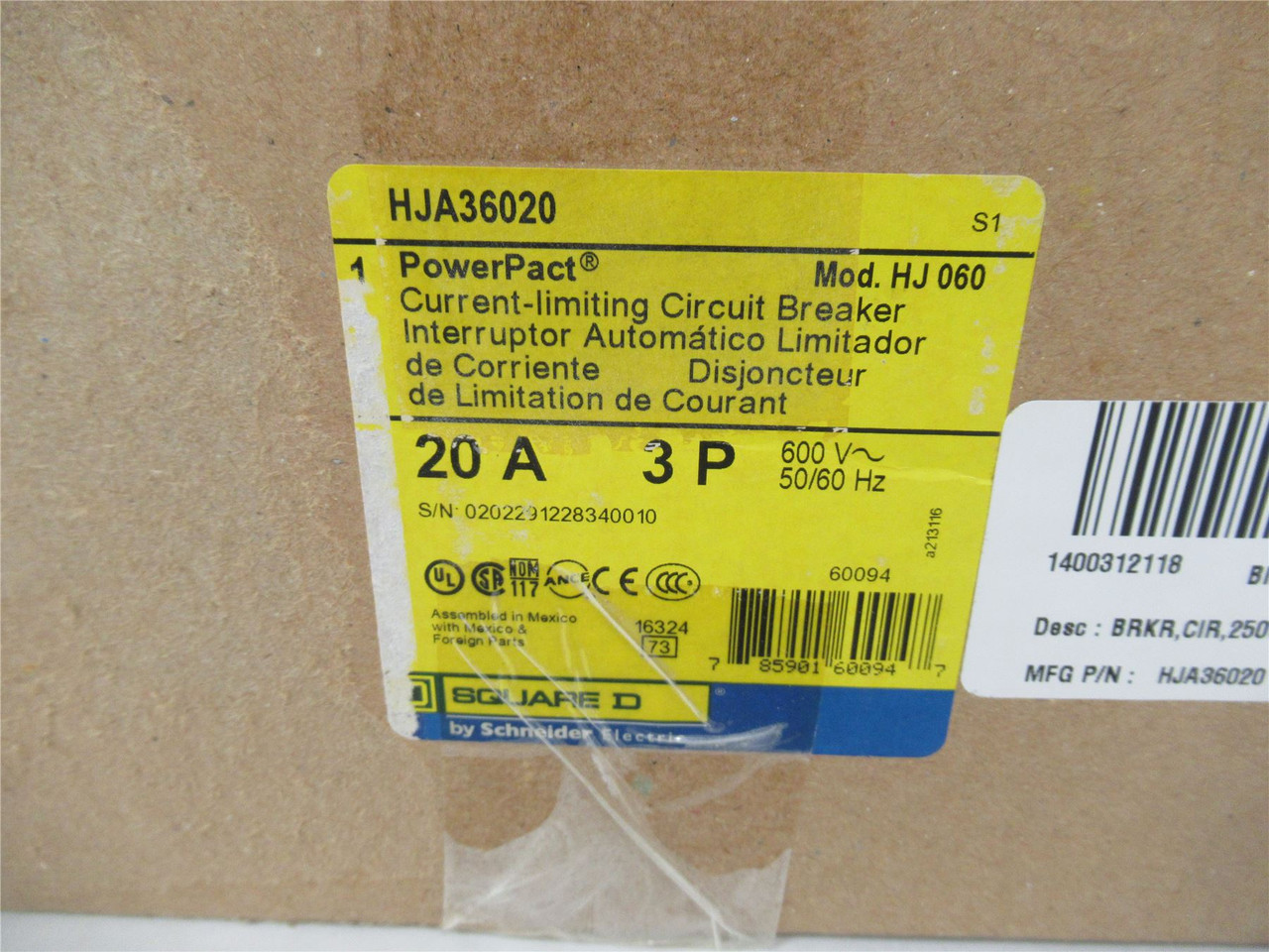 Square D HJA36020; Circuit Breaker 20A 3-Pole 600VA