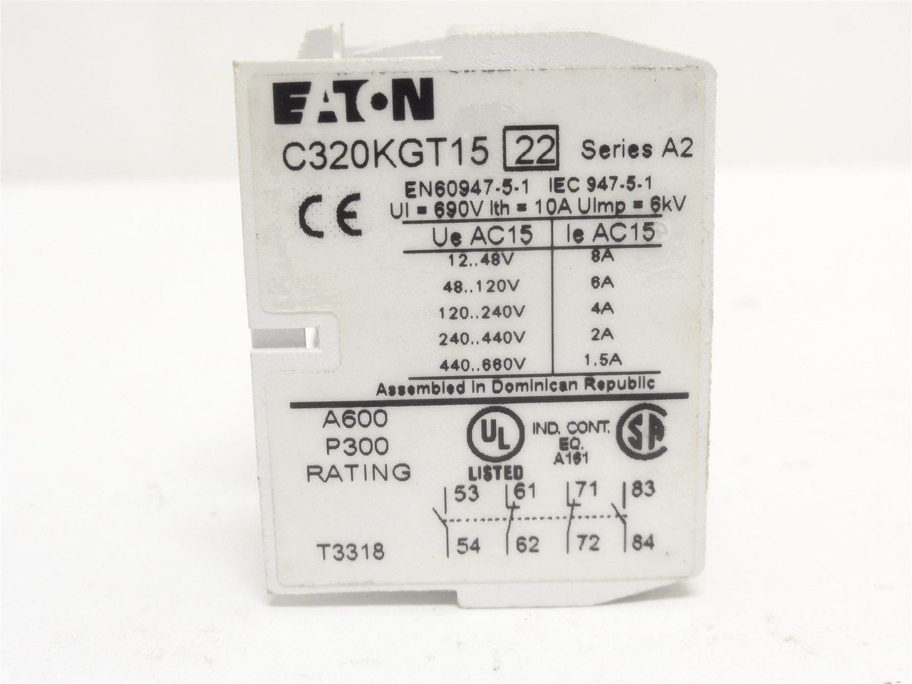 Eaton C320KGT15; Aux Contact Block; 8A; 600V; 2NO/2NC