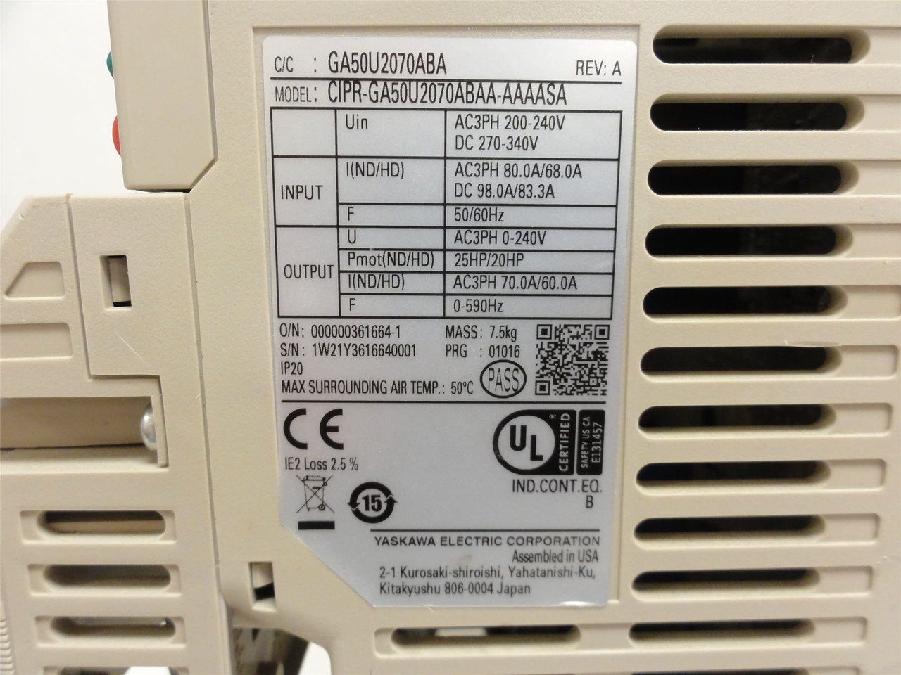 Yaskawa CIPR-GA50U2070ABAA-AAAASA; AC Drive GA500 25Hp 240VAC; 3PH