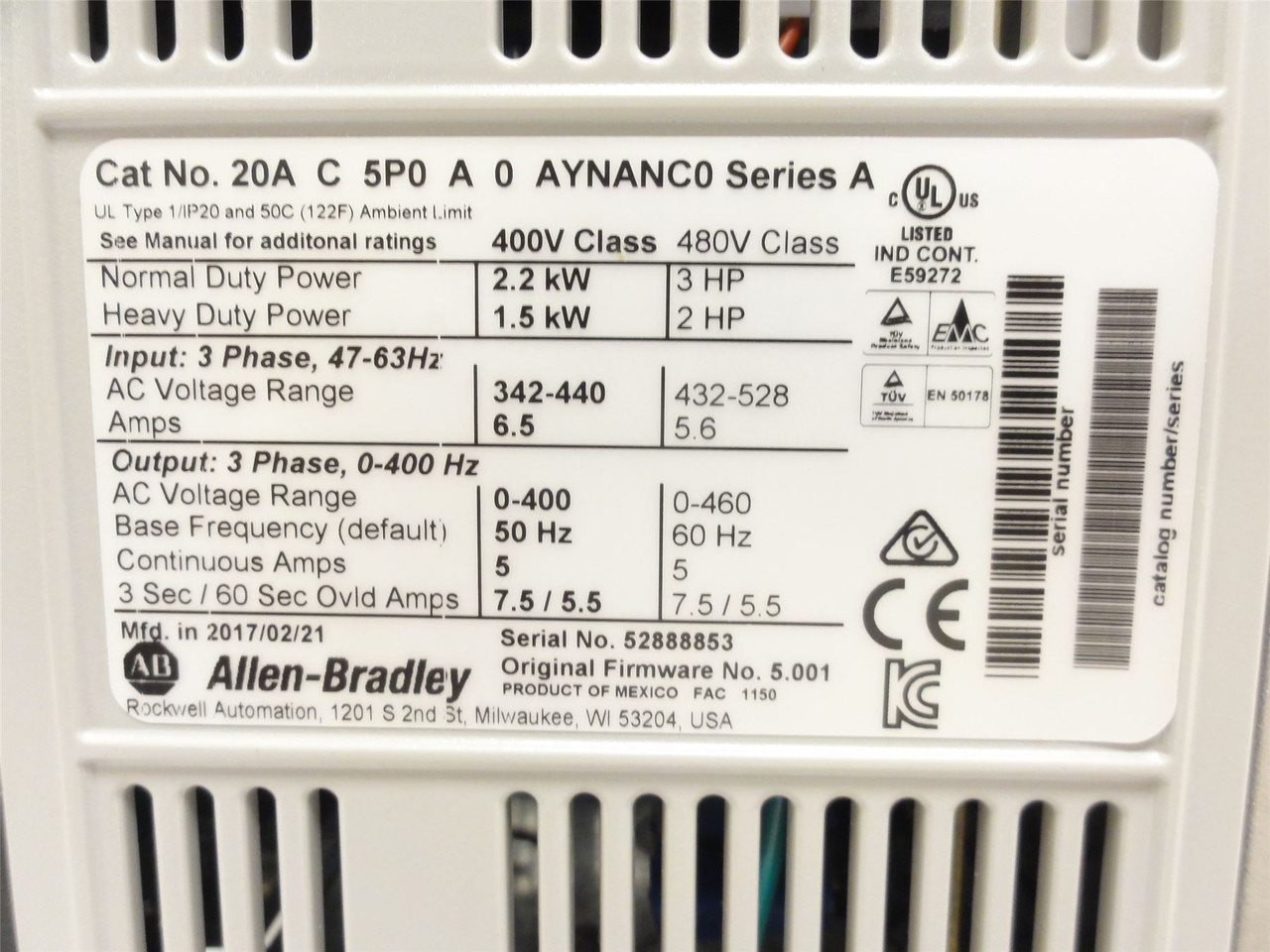 Allen-Bradley 20AC5P0A0AYNANCO; AC Drive 3HP 480VAC; 3 Phase