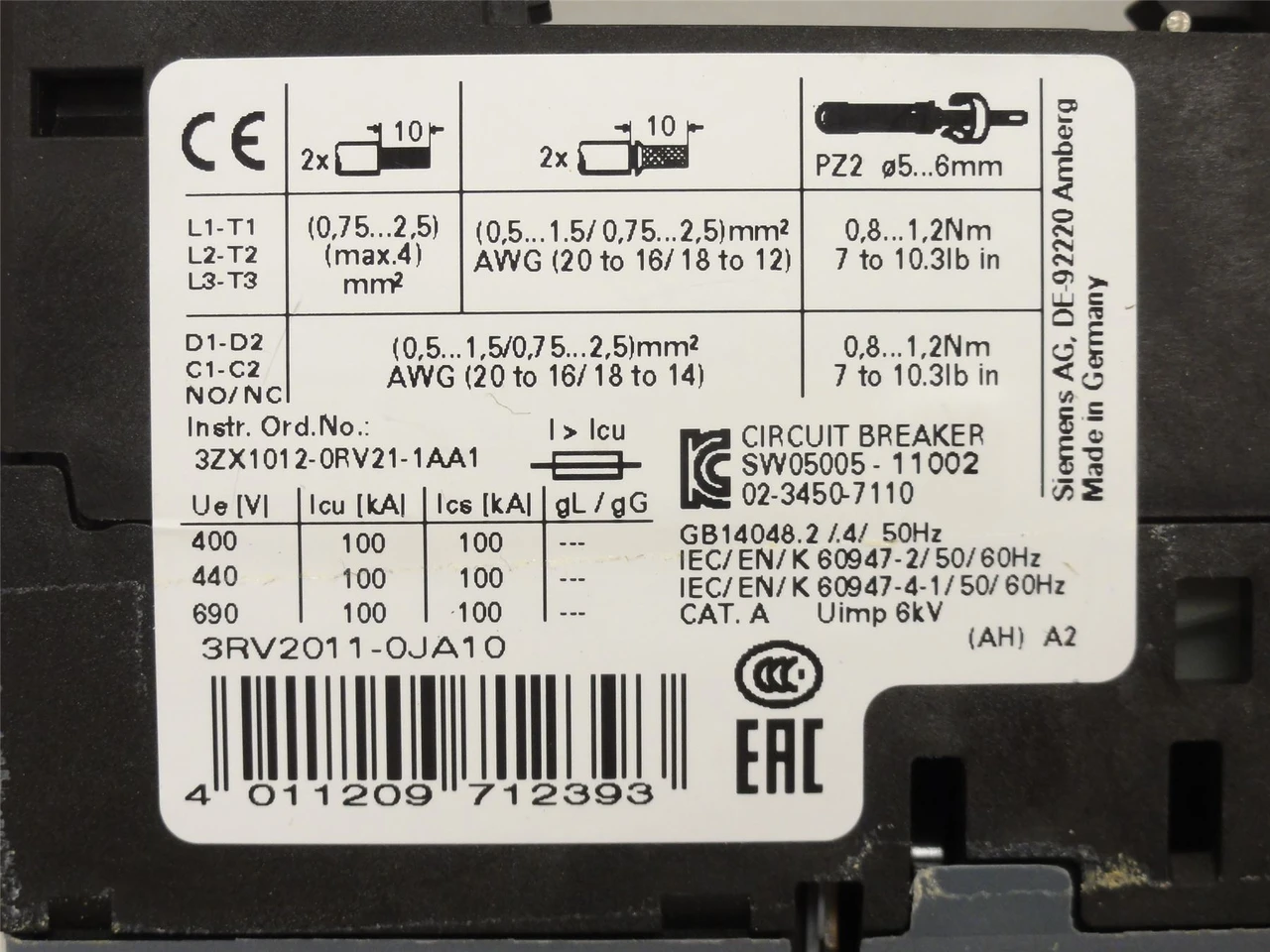 Siemens 3RV2011-0JA10; Manual Motor Starter 0.7-1A; 3P; 690VAC