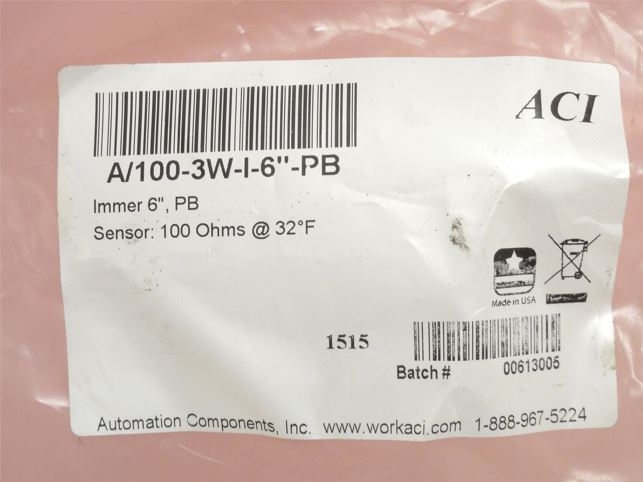 ACI A/100-3W-I-6"-PB; RTD 100OHM Sensor; SS 6" Probe; 3/8"OD