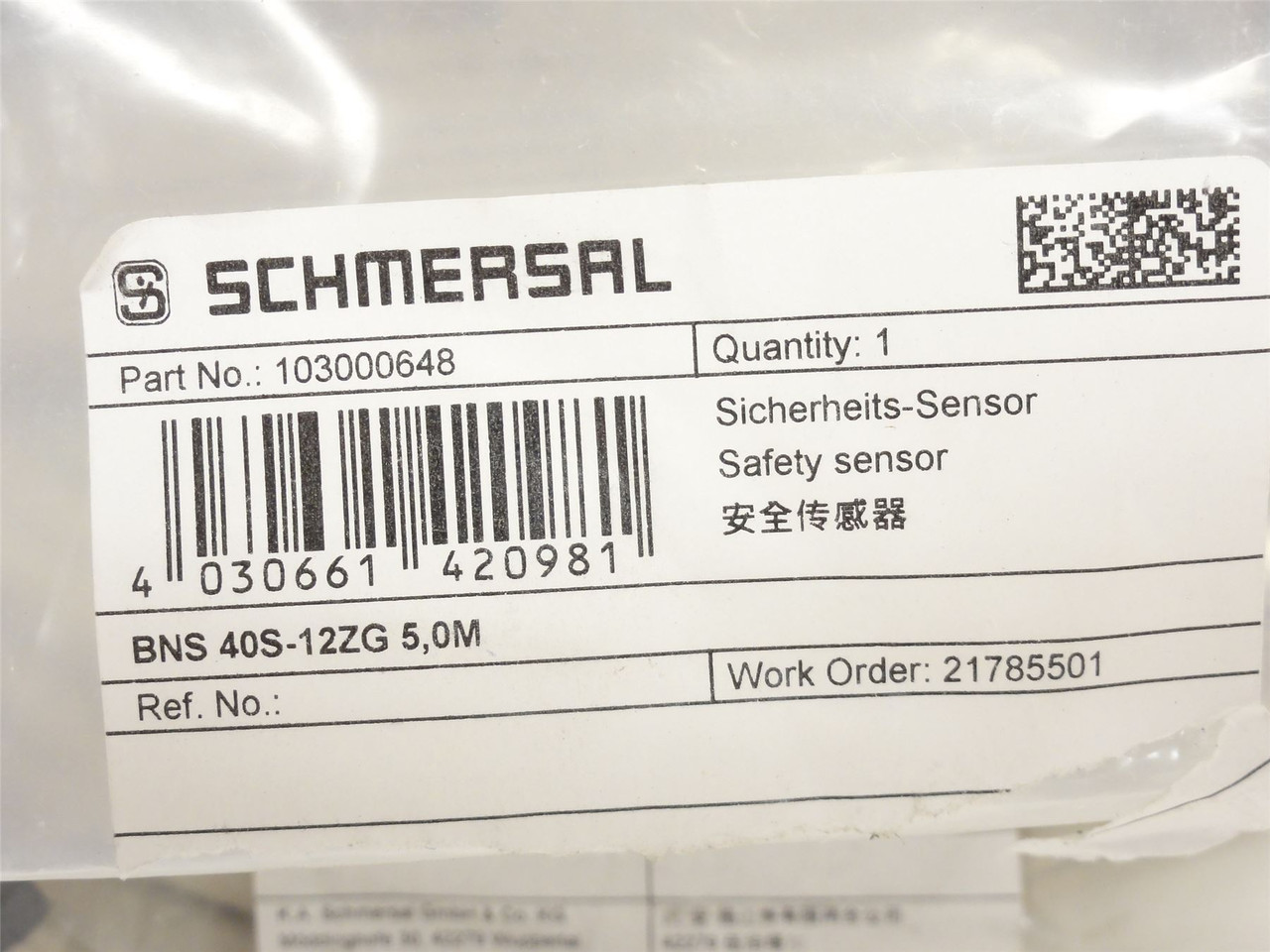 Schmersal BNS 40S-12ZG; Proximity Sensor 24VDC; 10mA; 5m Wire