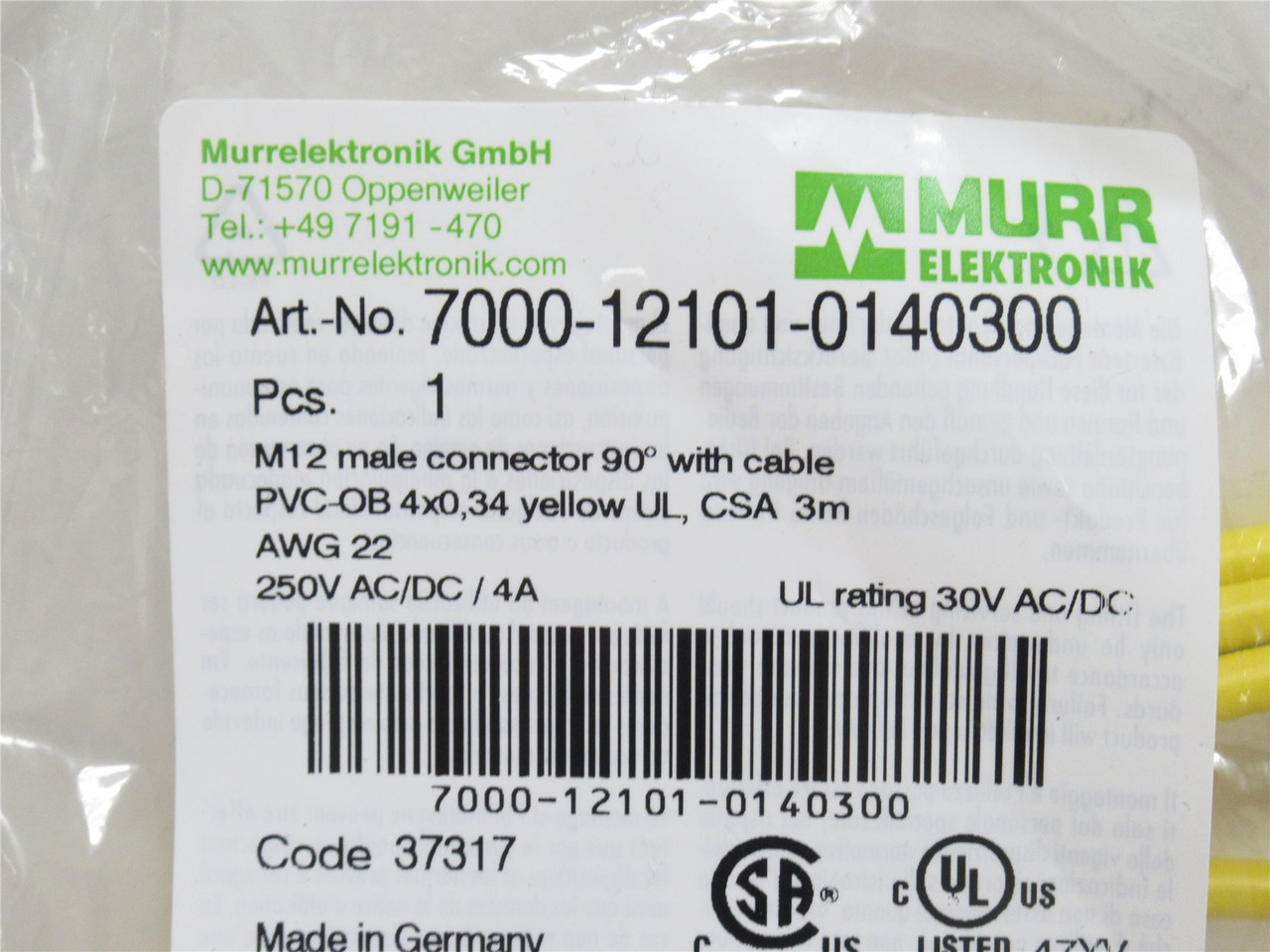 Murr 7000-12101-0140300; Male Connector 90Deg; M-12; 3m Long