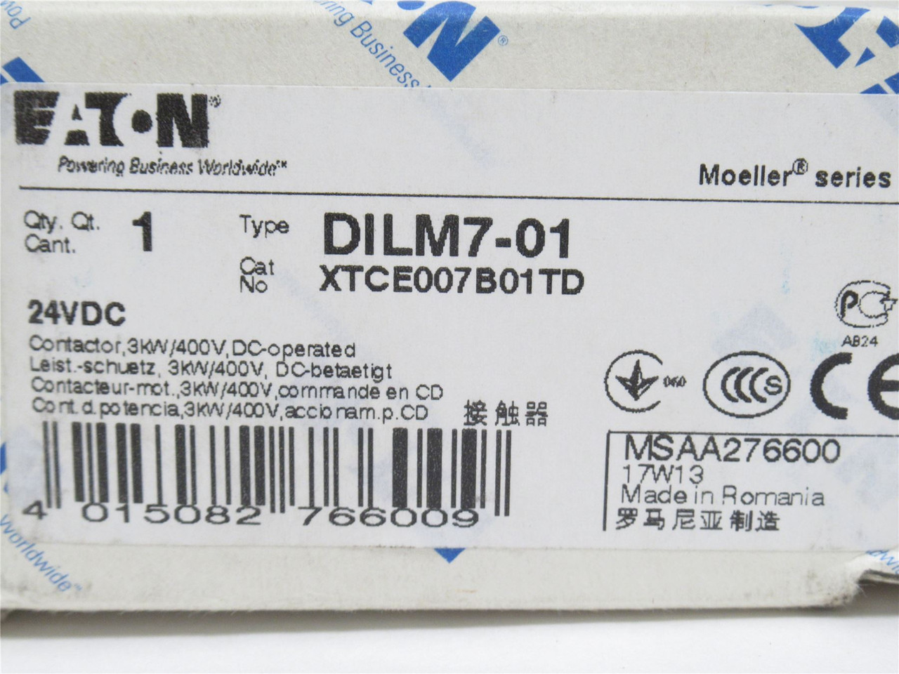 Eaton XTCE007B01TD; Contactor; 3P; 20A; 400VAC; 24VDC Coil