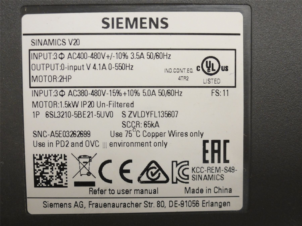 Siemens 6SL3210-5BE21-5UV0; AC Drive; 2HP; 400-480VAC; 3.5A In
