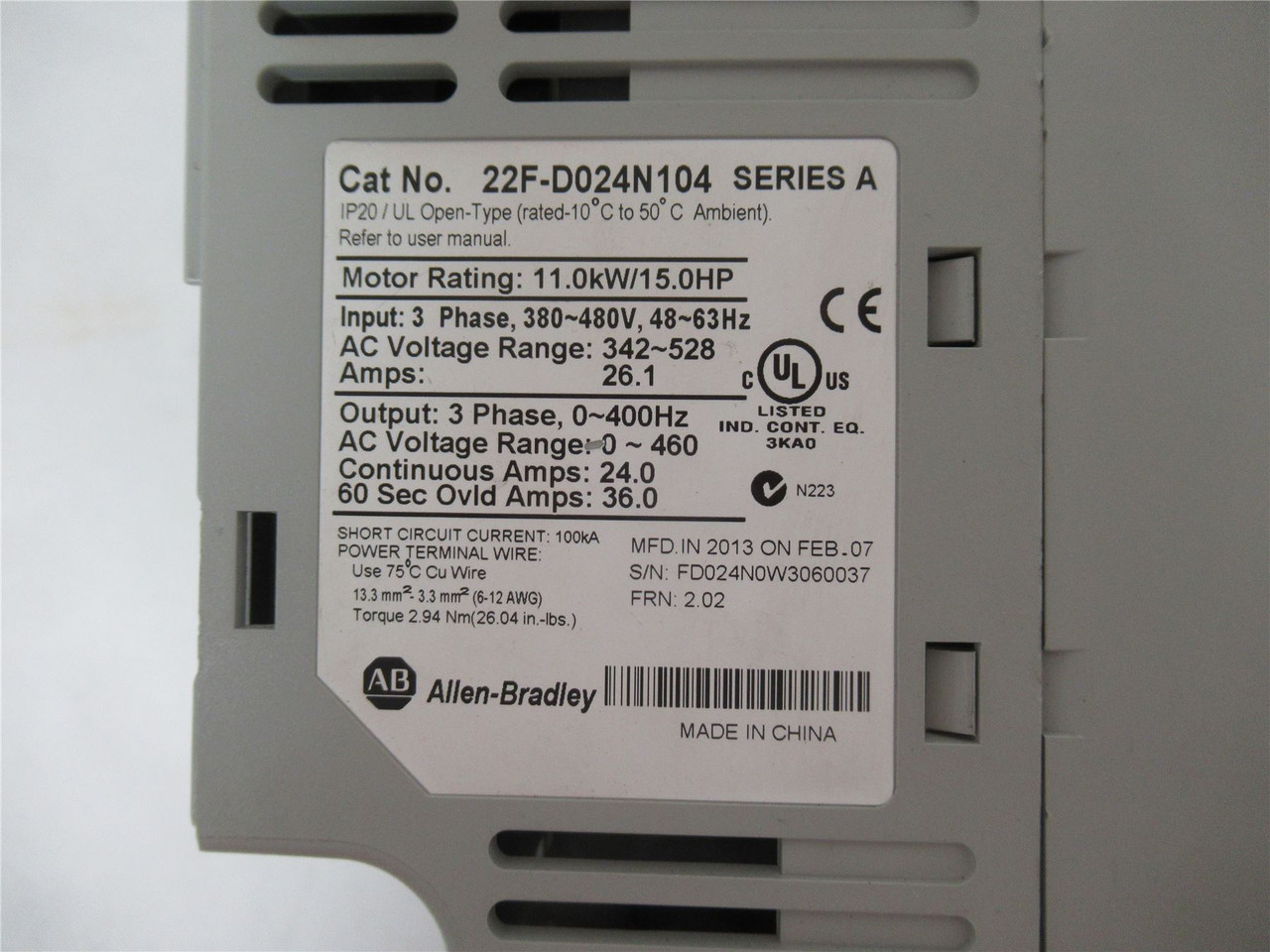 Allen-Bradley 22F-D024N104; AC Drive 15HP 380-480VAC MISSING Cover