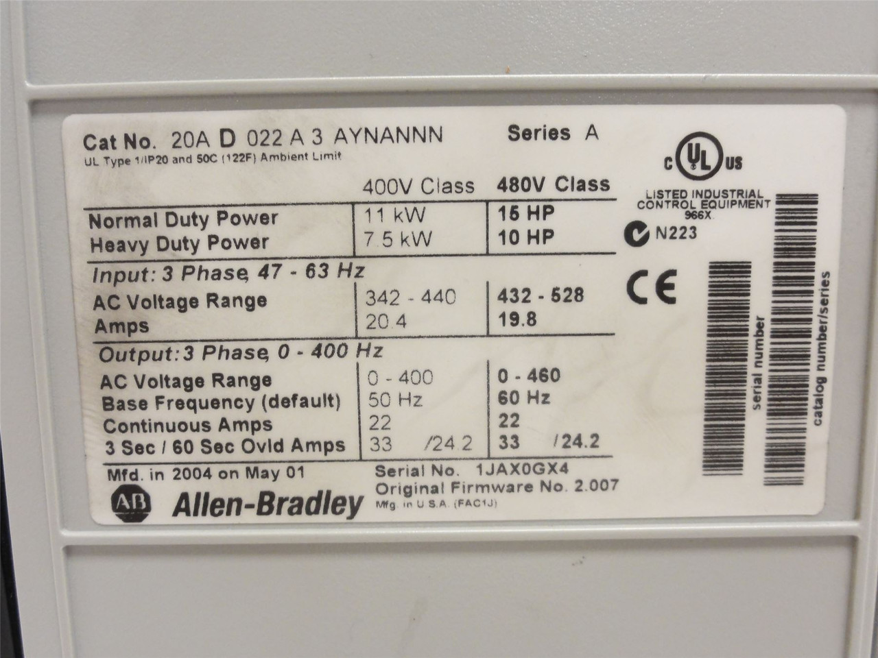 Allen-Bradley 20AD022A3AYNANNN; AC Drive 15HP; 432-528VAC; 20.4A In
