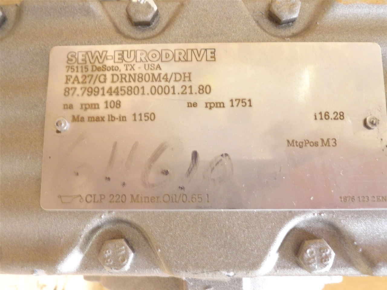 SEW FA27/G DRN80M4/DH; AC Gearmotor 1HP 16.28:1 Ratio 230/460V