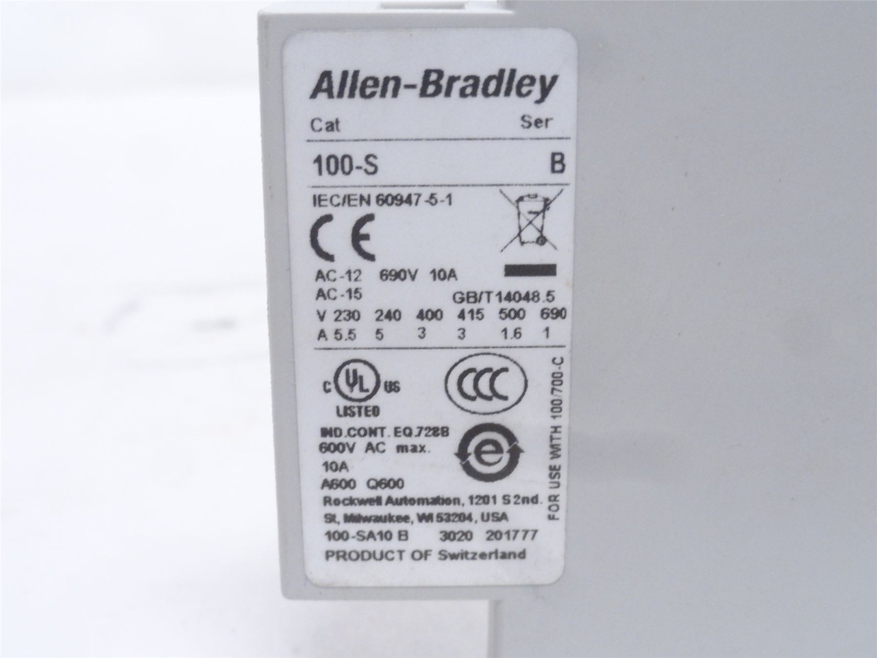 Allen-Bradley 100-SA10; Auxialary Contact; 10A; 600VAC; 1-NO