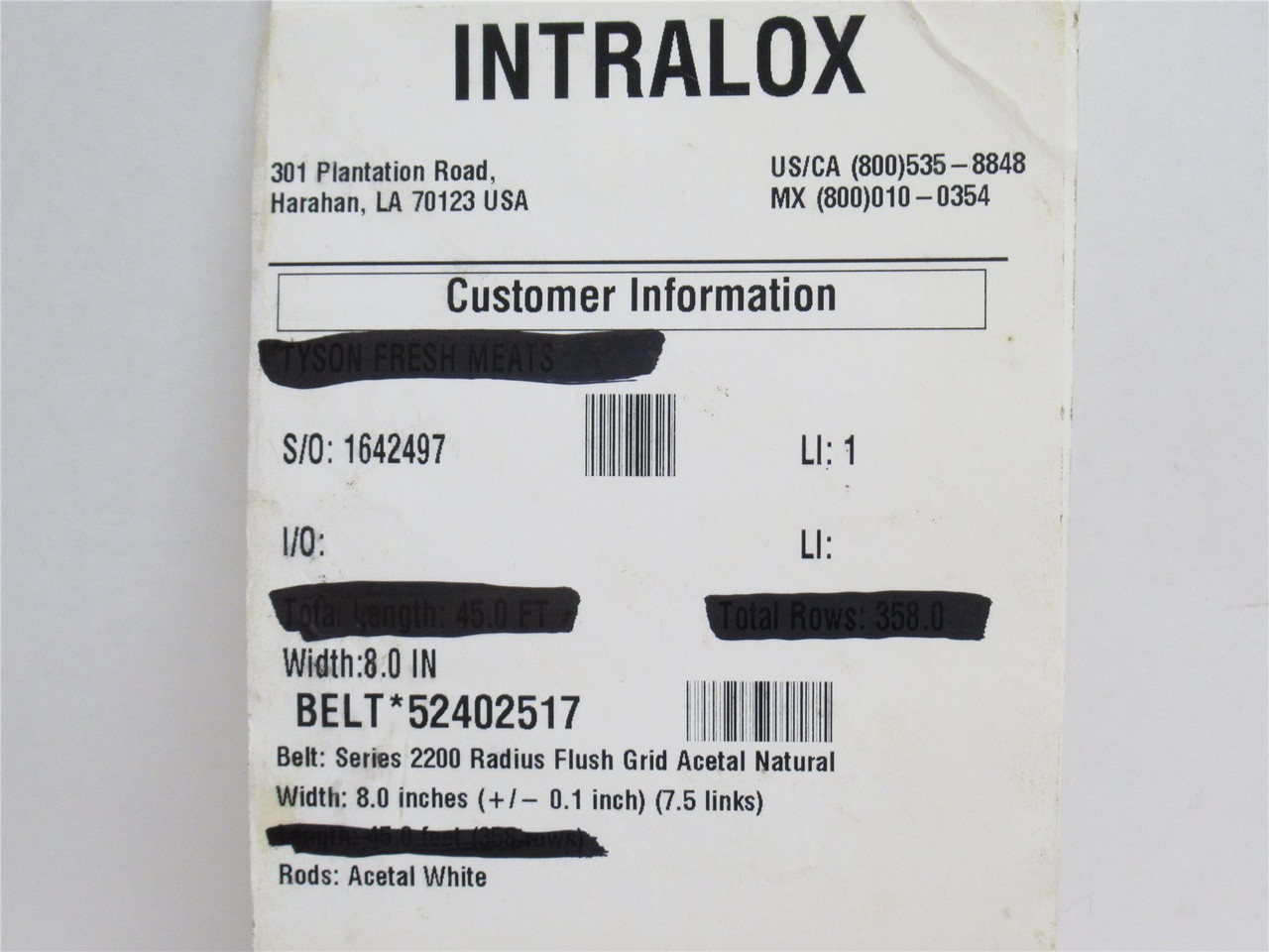 Intralox S2200-19; Sideflexing Belt; 19ft Long x 8" Wide