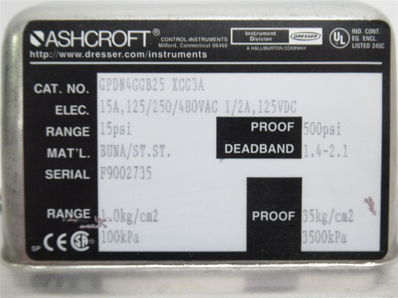 Ashcroft GPDN4GGB25; Pressure Switch; 15PSI; 1-3/4" Clamp