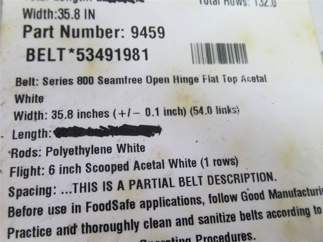 Intralox 9459; Series 800 Scooped Fight Belt 35.8"W x 14'L