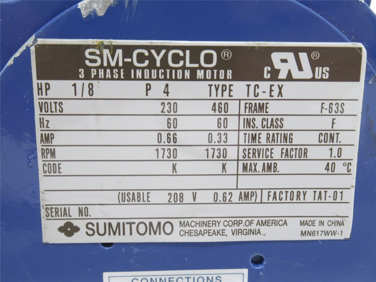 Sumitomo CNVMS01-6095YA-17; AC Gearmotor 17:1 Ratio; 1/8HP