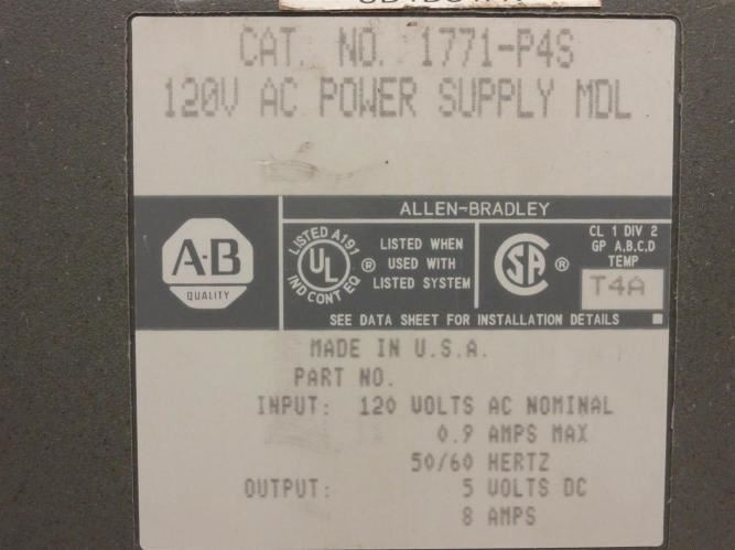 Allen-Bradley 1771-P4S; Power Supply Module; 120VA; 0.9A