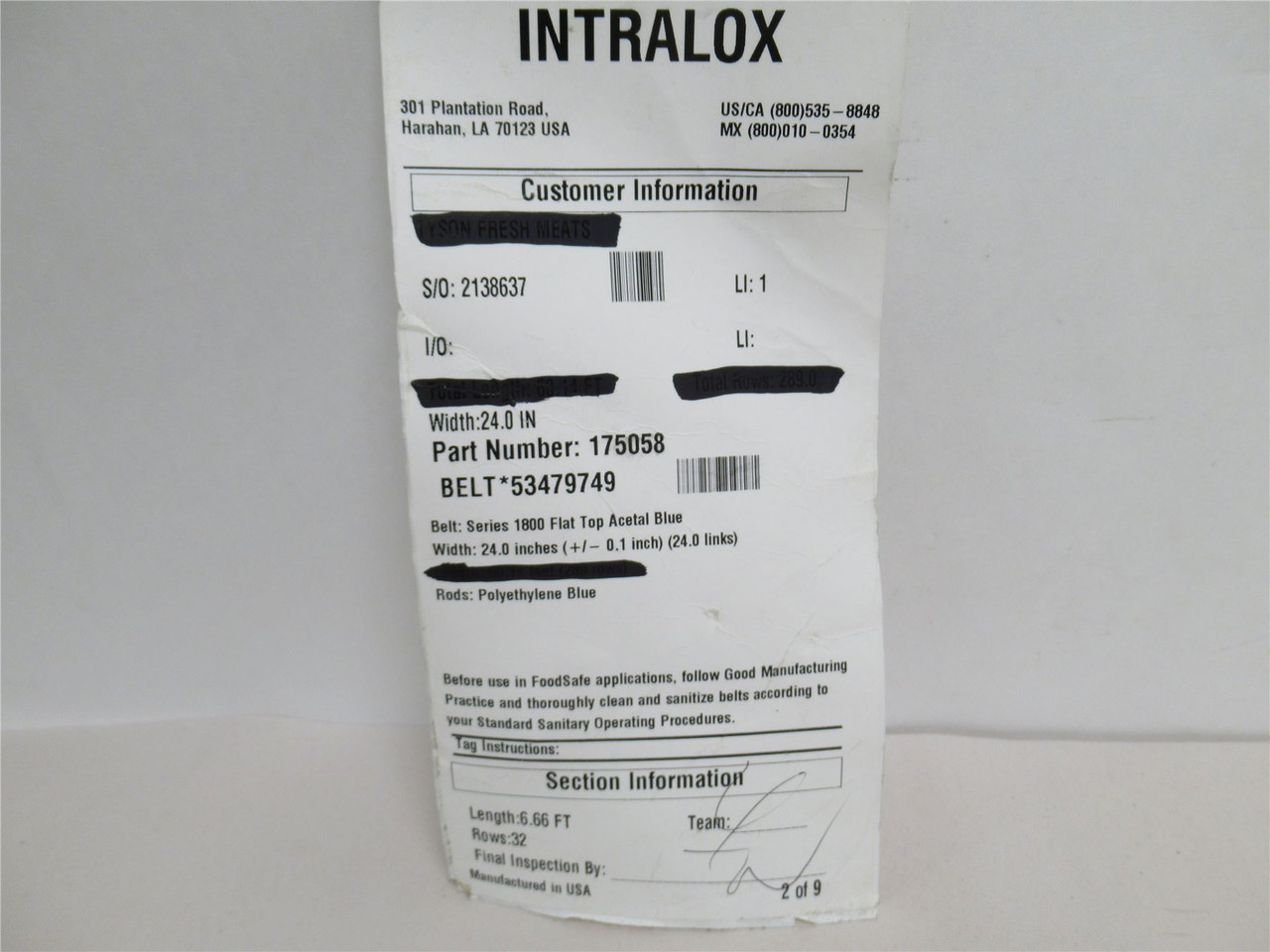 Intralox 53479749; Series 1800 Flat Top Belt 24"W x 6'L