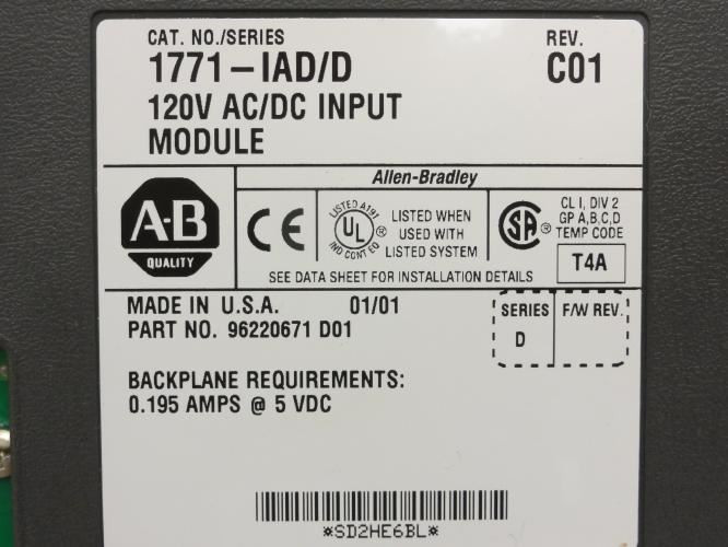 Allen-Bradley 1771-IAD; Input Module 120V AC/DC SER: D