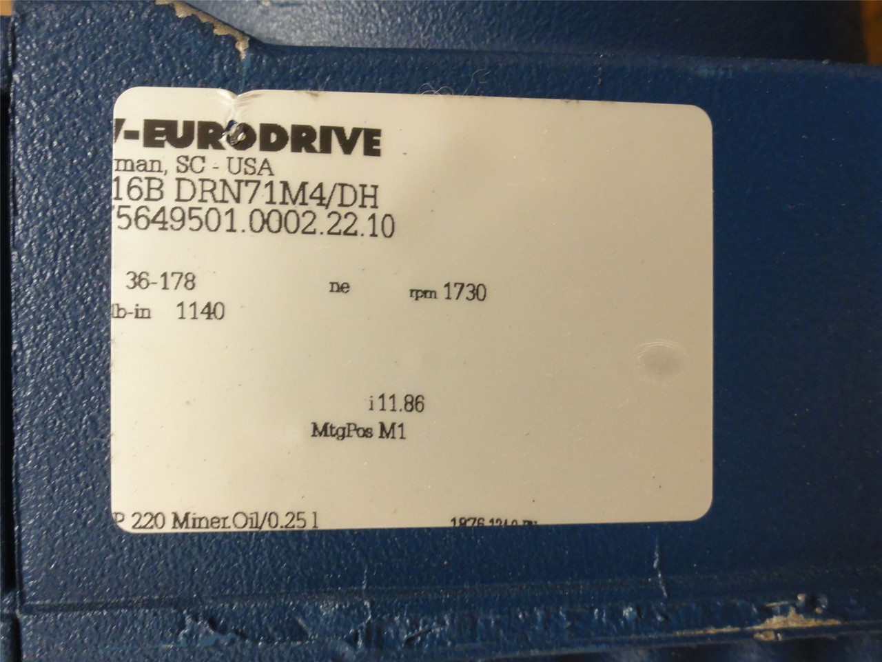 SEW R27D16BDRN71M4/DH; Motor-Gearbox; 11.86:1 Ratio; 1/2HP
