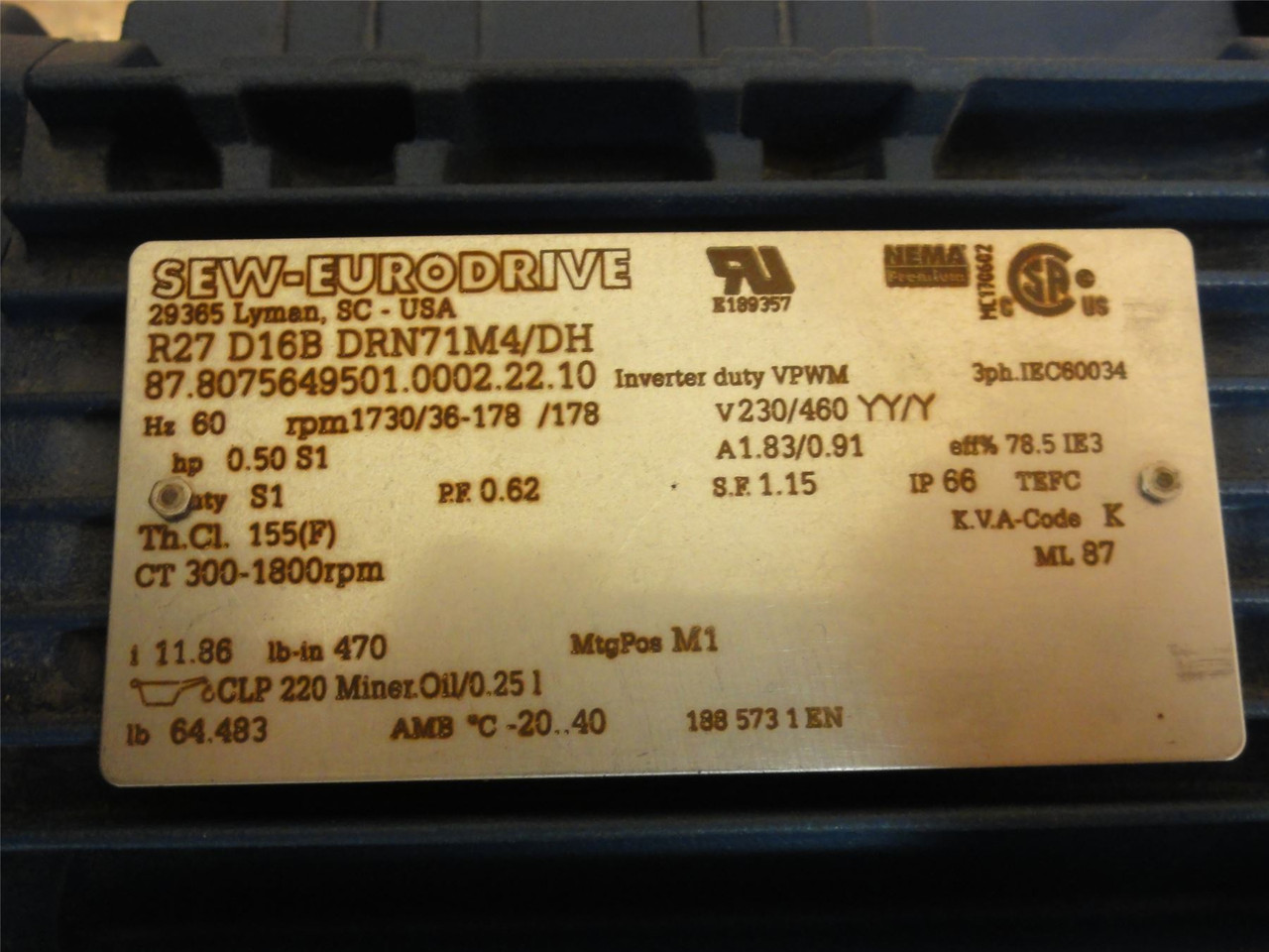 SEW R27D16BDRN71M4/DH; Motor-Gearbox; 11.86:1 Ratio; 1/2HP