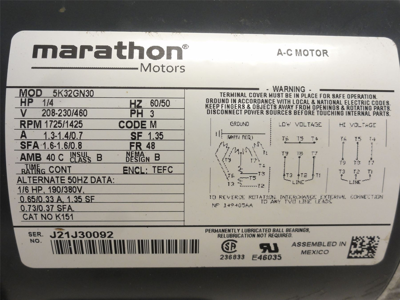Marathon 5K32GN30; Motor; 1/4HP; 208-230/460VAC; 1725RPM; 3PH