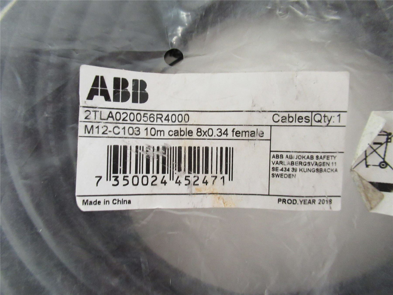 ABB 2TLA020056R4000; Cable  M12 8 Pin Female Straight 10M