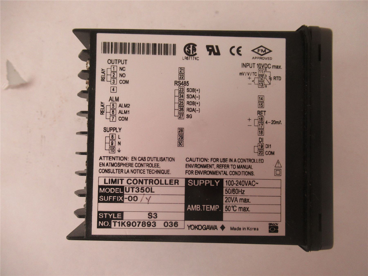 Yokogawa UT350L-00; Temp Process Controller 100-240VAC