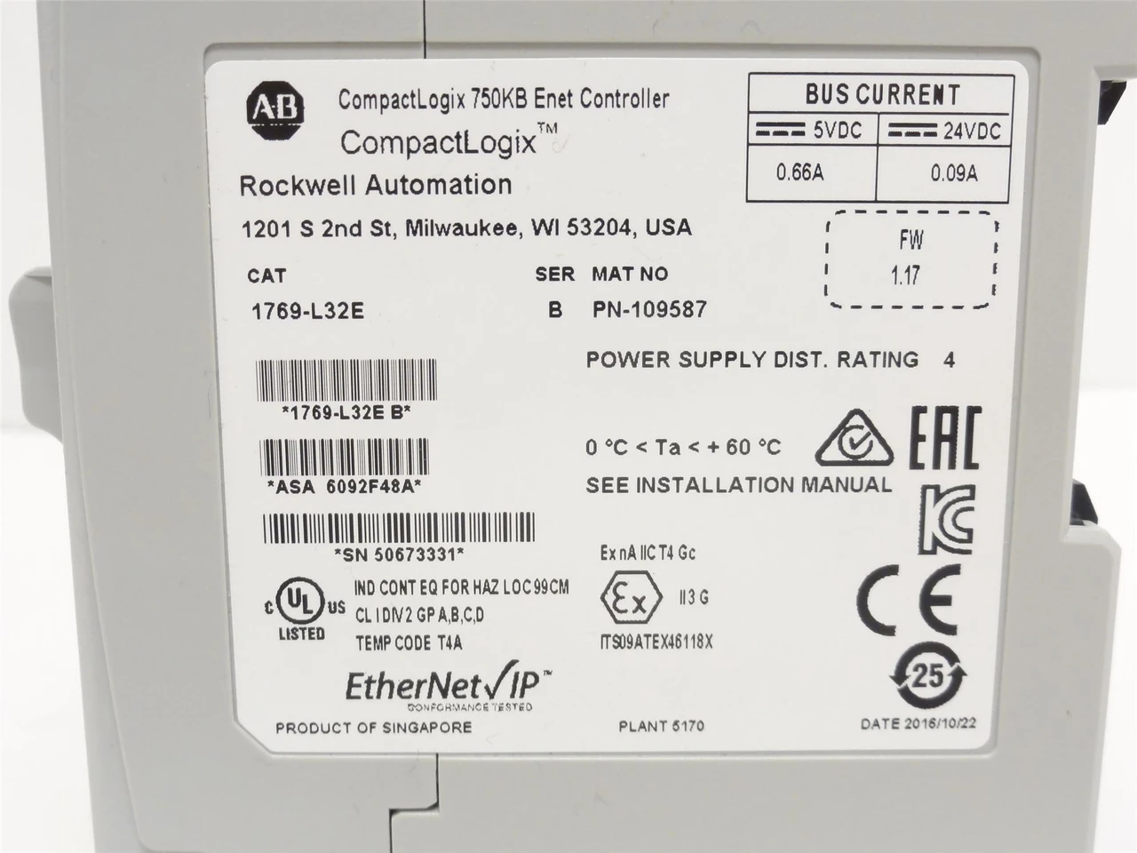 Allen-Bradley 1769-L32E; CompactLogix 750KB Controller