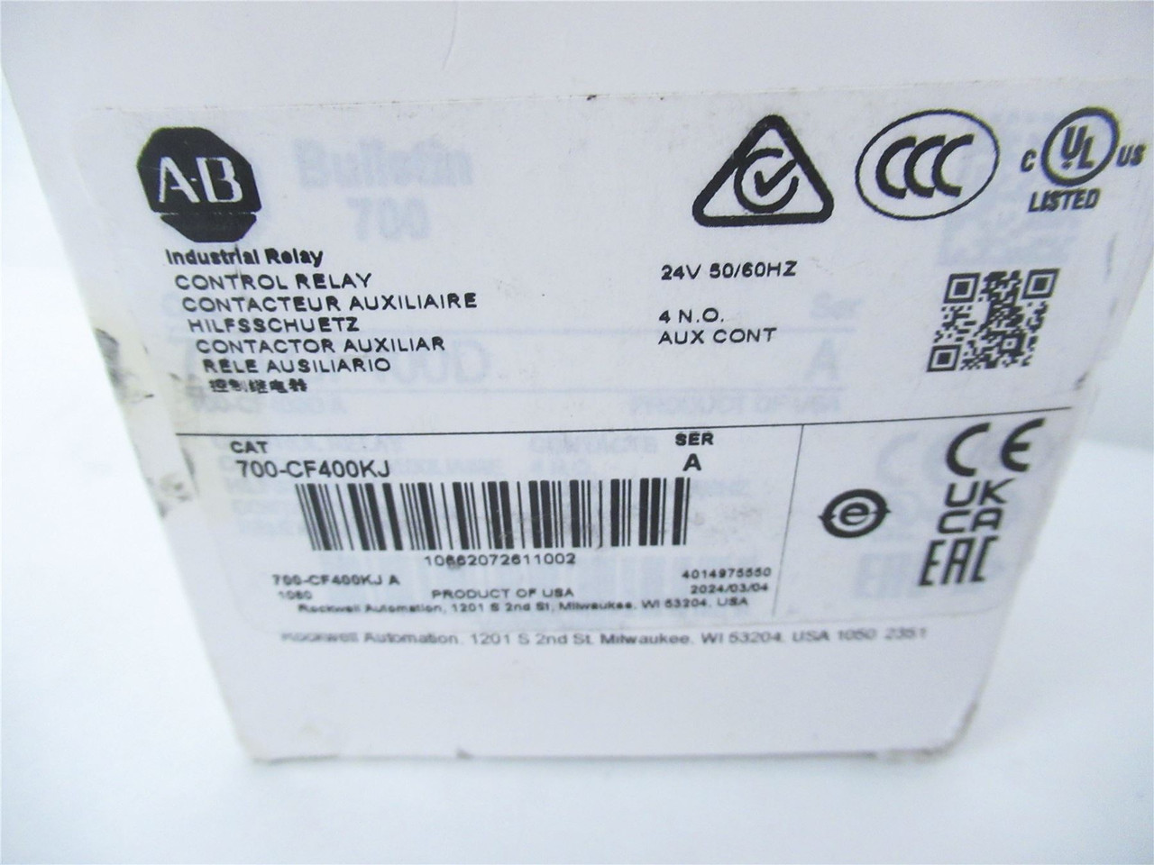 Allen-Bradley 700-CF400KJ; Contactor 40A 4-P Coil 24VAC