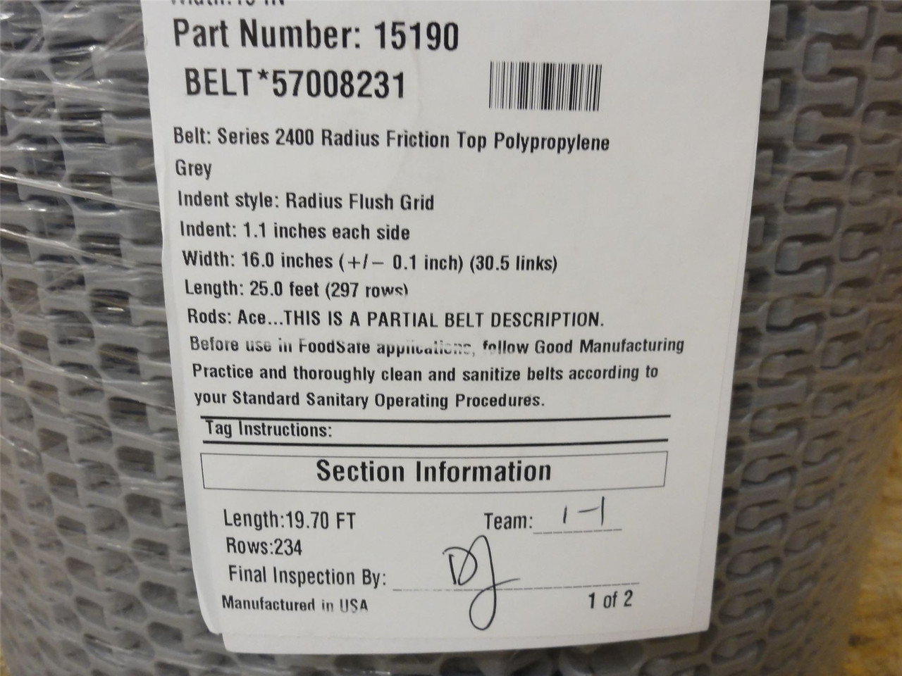 Intralox S2400-15-25; Series 2400 Belt; 15" W x 25ft Long