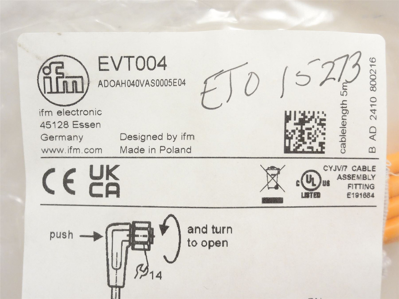 ifm EVT004; Female Cordset; 4-Pin; 250VAC/300VDC; 5m Long
