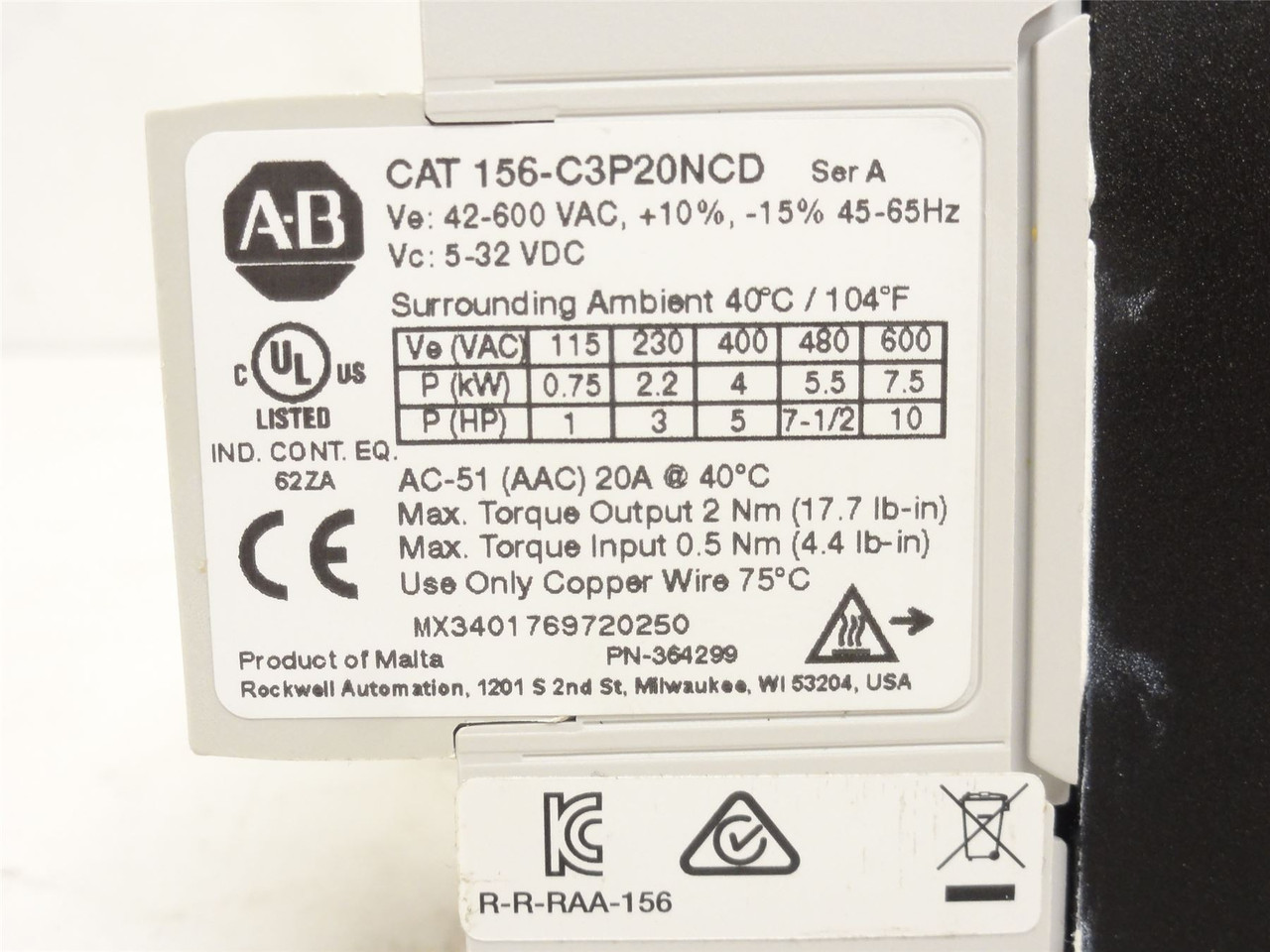 Allen-Bradley 156-C3P20NCD; Solid State Contactor 20A 3P 600V