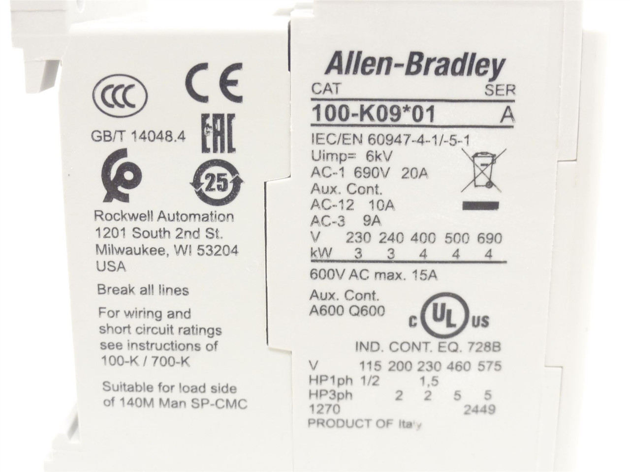 Allen-Bradley 100-K09DJ01; Contactor 9A 3P 600VAC; Coil 24VDC