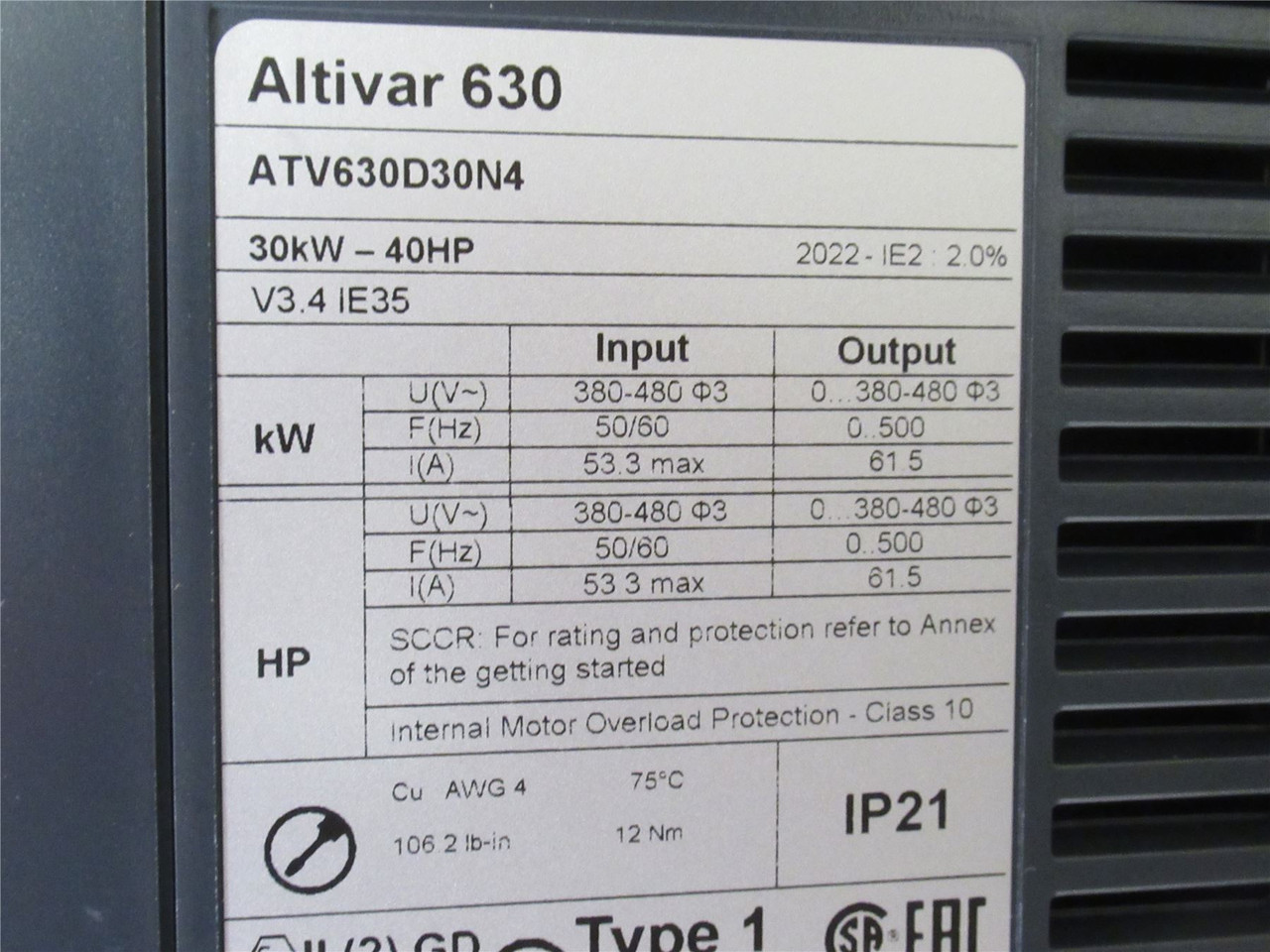 Schneider ATV630D30N4; Altivar AC Drive; 40HP; 380-480VAC