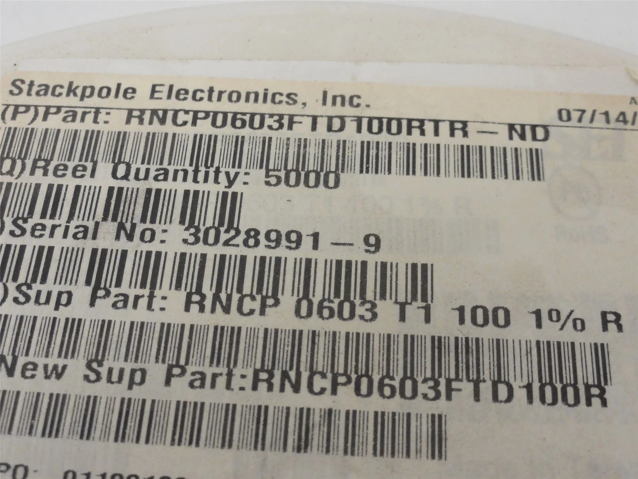Stackpole RNCP0603FTD100R; Lot-3000 Thin Film Chip Resistors