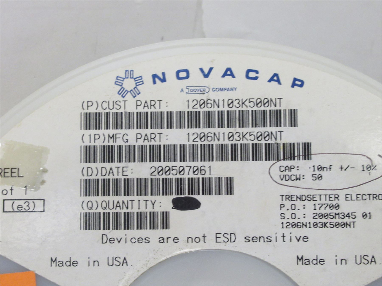 Novacap 1206N103K500NT; Lot-1500 Ceramic Capacitor 10nf 50V