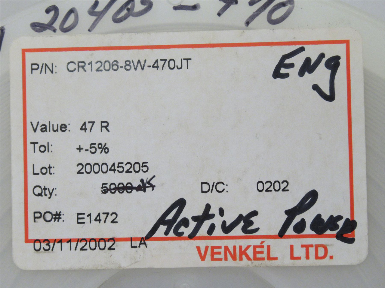 Venkel CR1206-8W-470JT; Lot-4800 Chip Resistpr; 47ohm; 5%