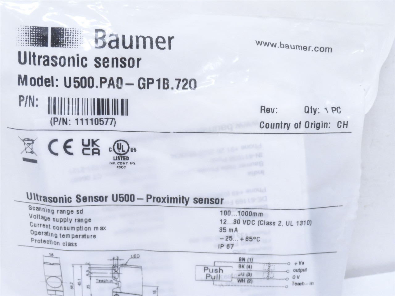 Baumer U500.PAO-GP1B.720; Ultrasonic Prox Sensor; 12-30VDC