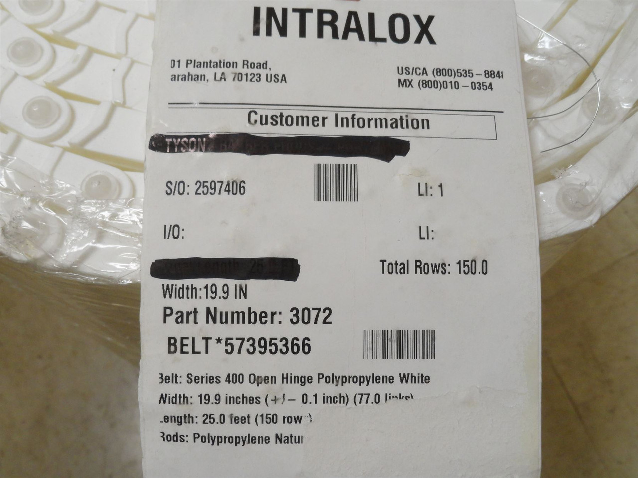 Intralox S400-20-20; Open Hinge Belting 19.9"Wide x  20' Long