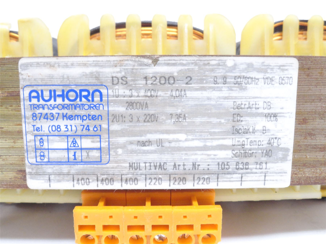 Multivac 85641301403; AUHORN Transformer md# DS1200 - 2800VA