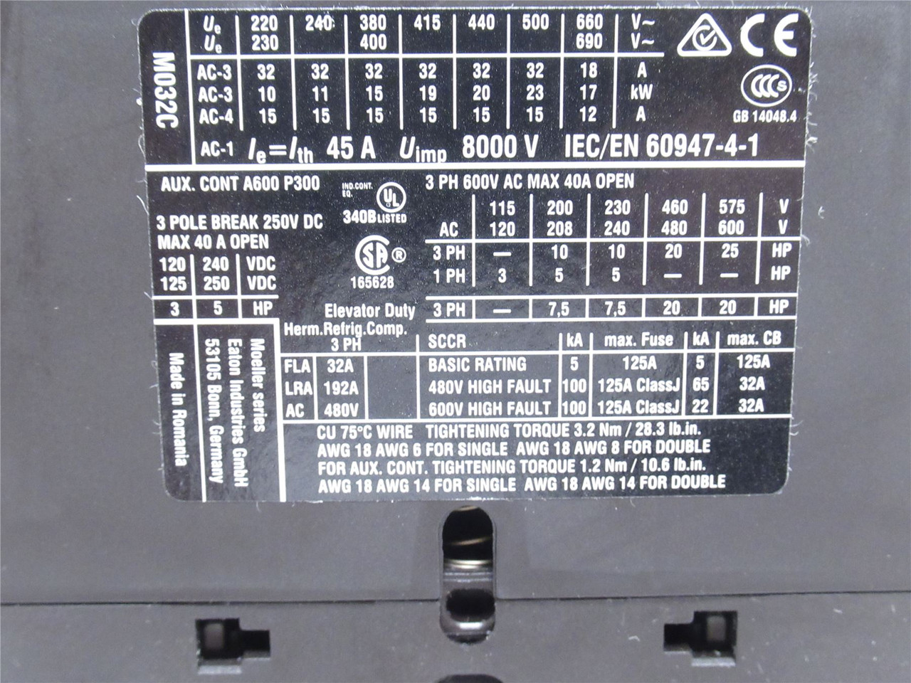 Eaton XTCE032C10A; Contactor; 32A; 3P; 600VAC; Coil: 110/120V