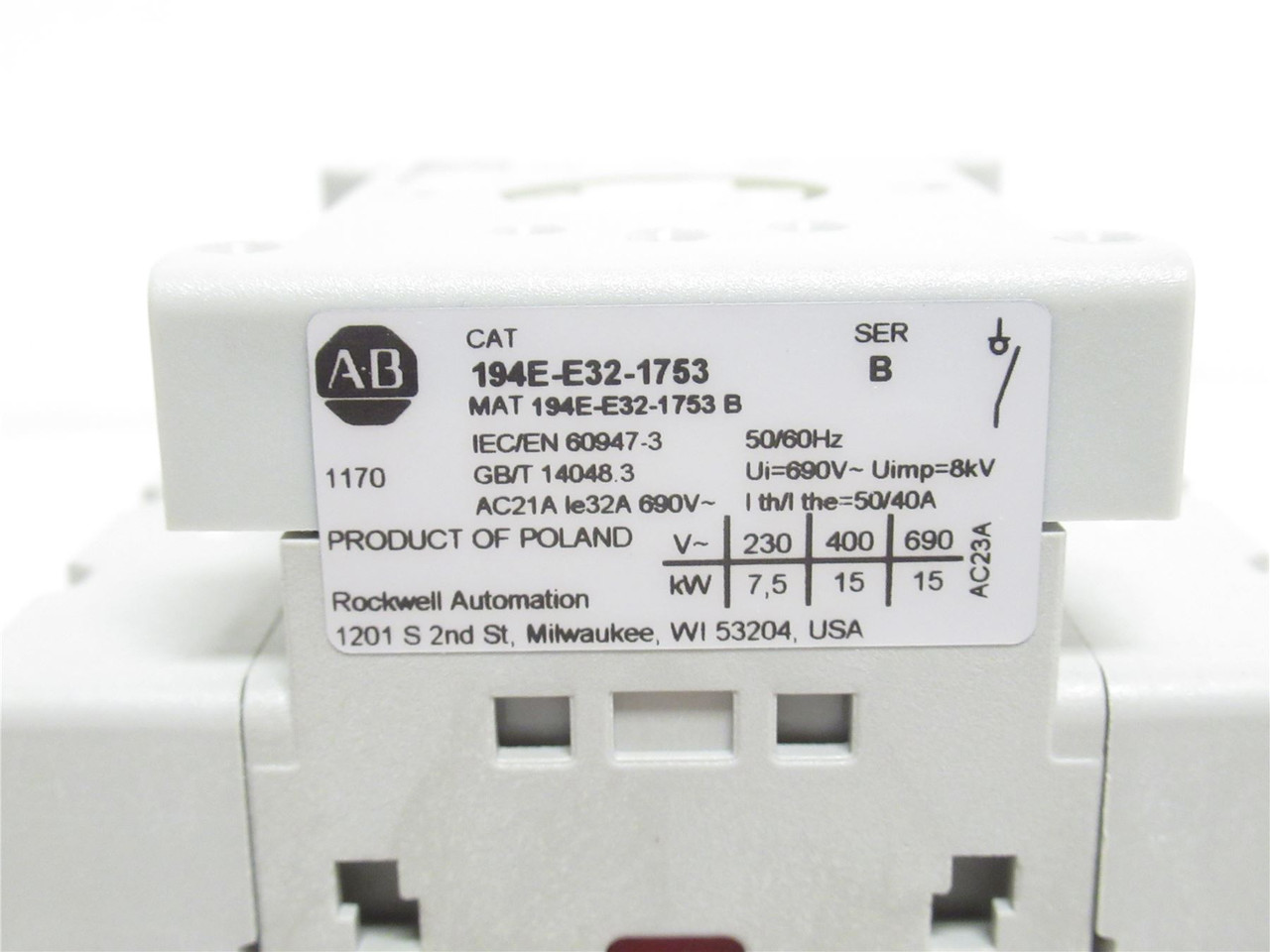 Allen-Bradley 194E-E32-1753; IEC Load Switch; 32A; 600VAC; 3P