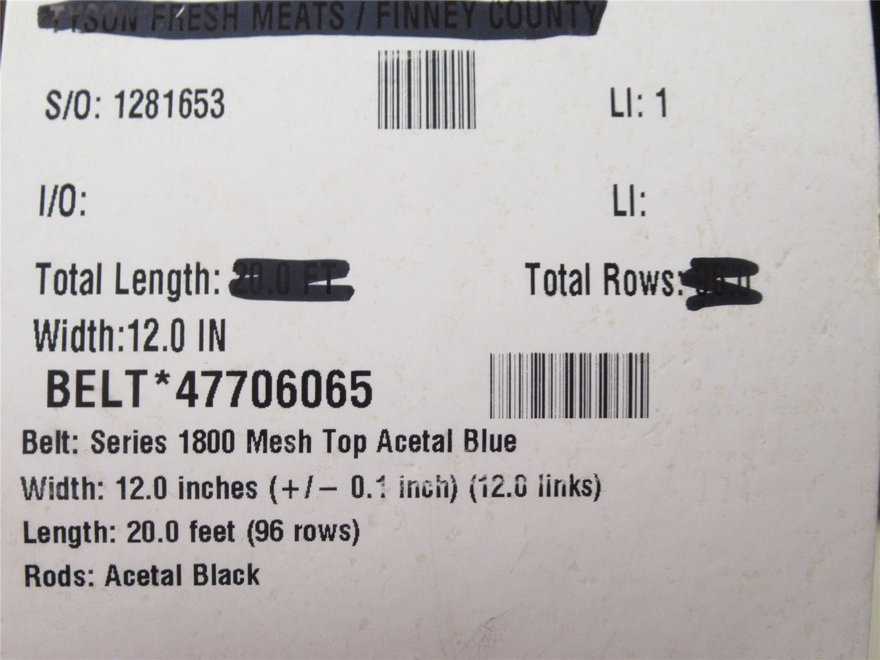 Intralox 1281653-15ft; Series 1800 Mesh Top; 15'ft L X 12"W